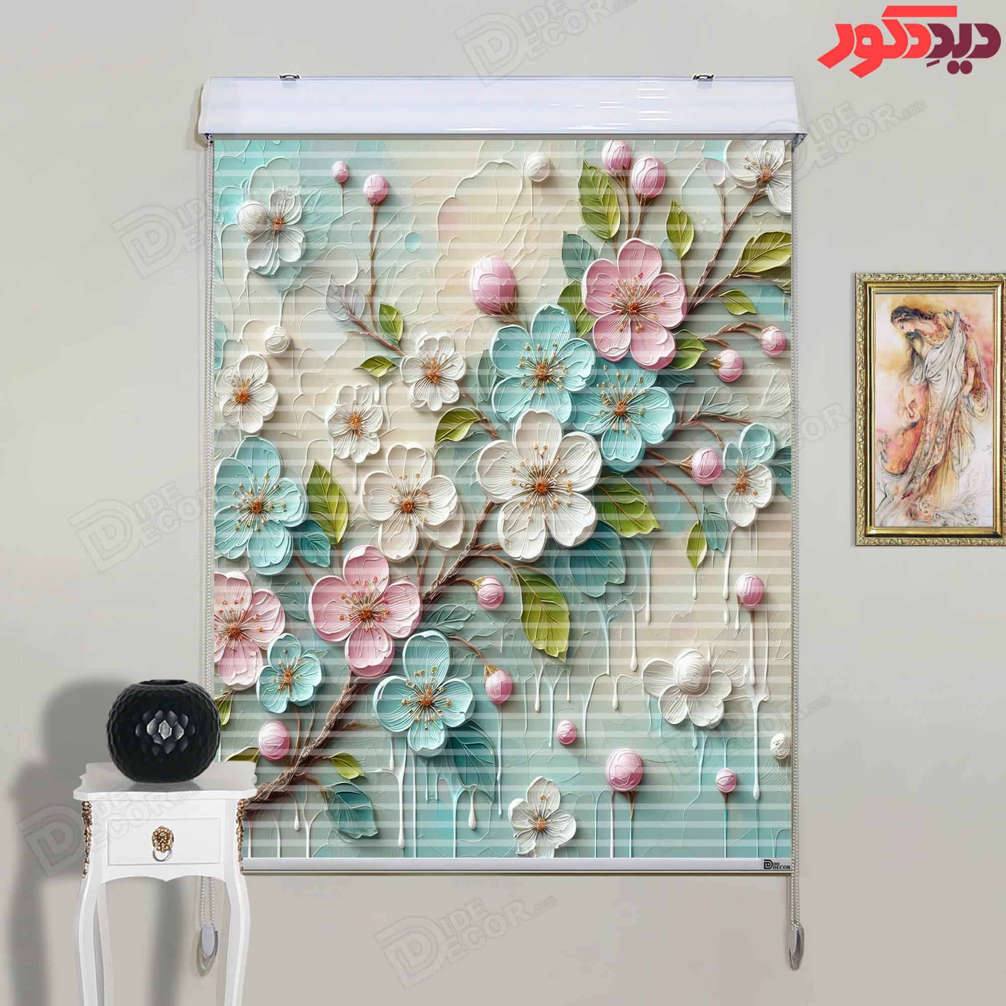 پرده زبرا دومکانیزم تصویری چاپی طرح شکوفه صورتی کد AZD-048