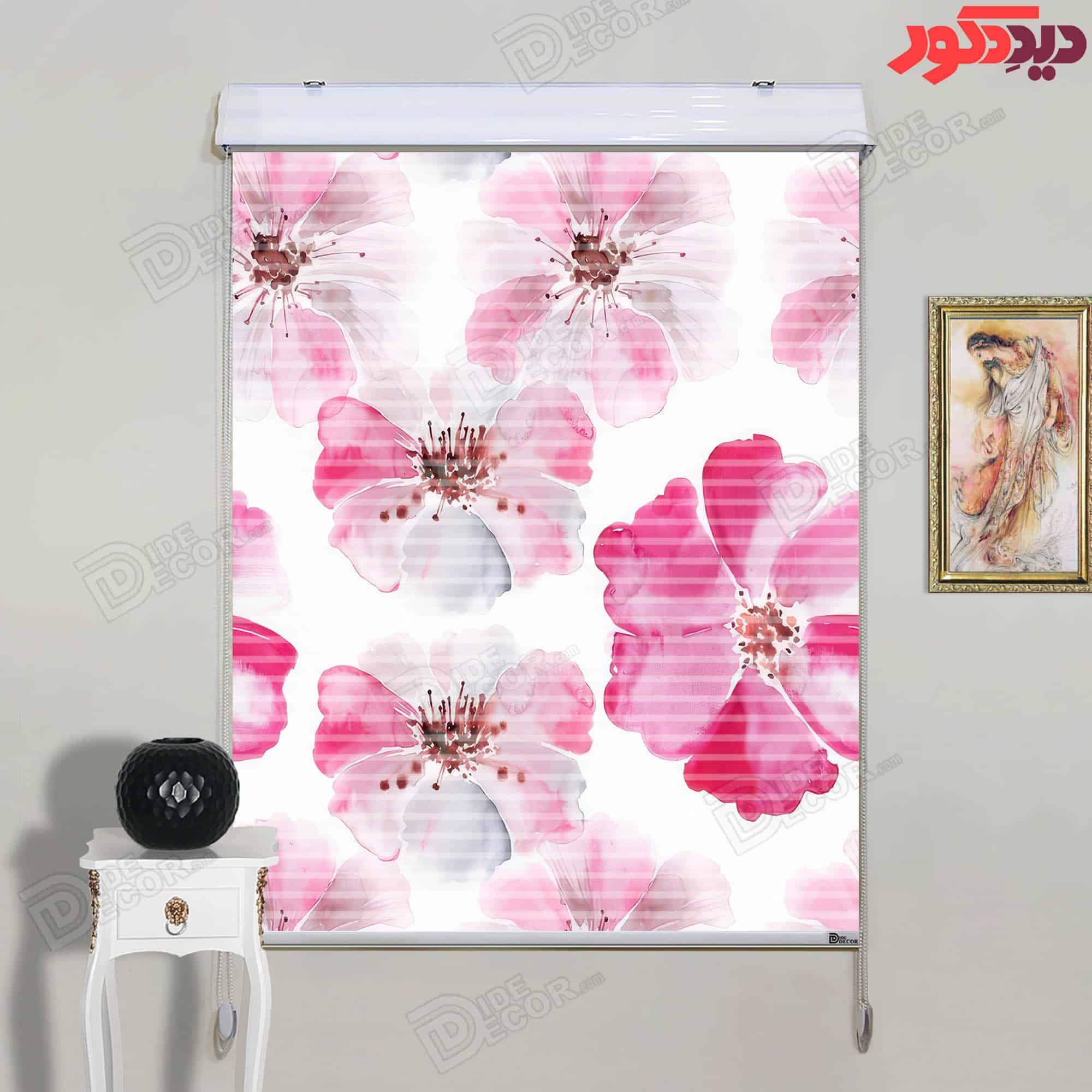 پرده زبرا دومکانیزم تصویری طرح گلهای صورتی و زمینه سفید کد AZD-073