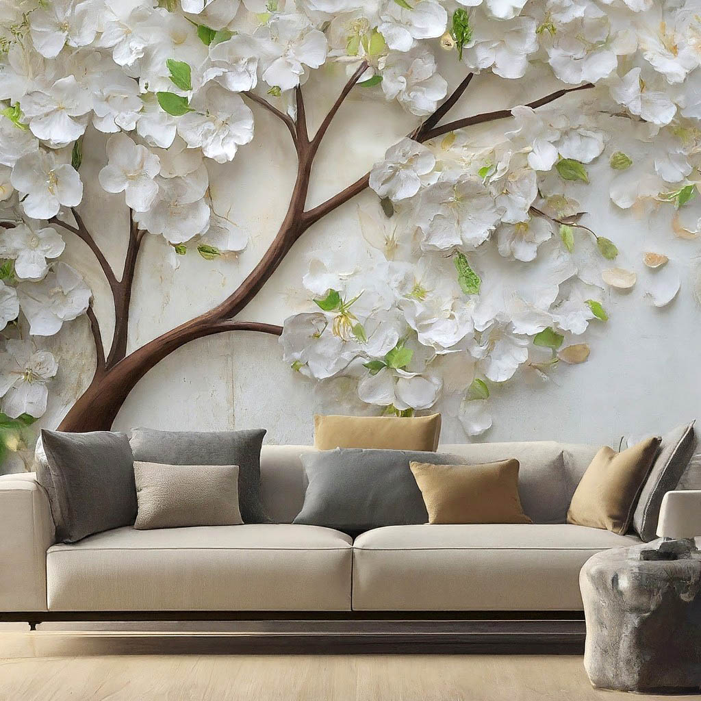 کاغذ دیواری 3 بعدی درخت گل شکوفه سفید